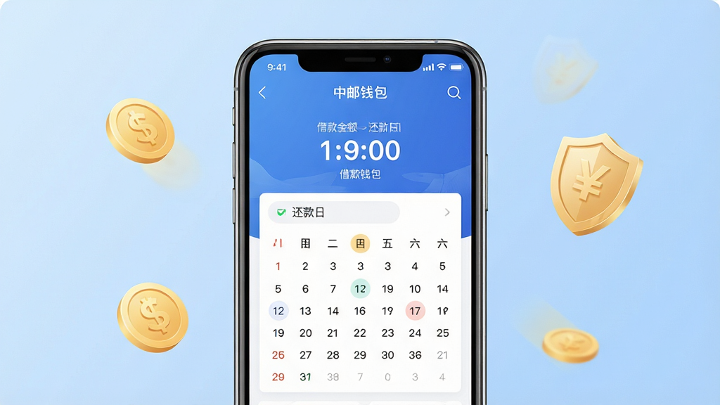 画面主体为一款名为“中邮钱包”的智能手机应用界面,手机居中放置,屏幕内显示简洁清晰的借款金额与还款日历,背景为浅蓝色渐变,搭配金币与盾牌图标,布局均衡,排版大气,风格现代,细节丰富,画质高清,干净无多余元素