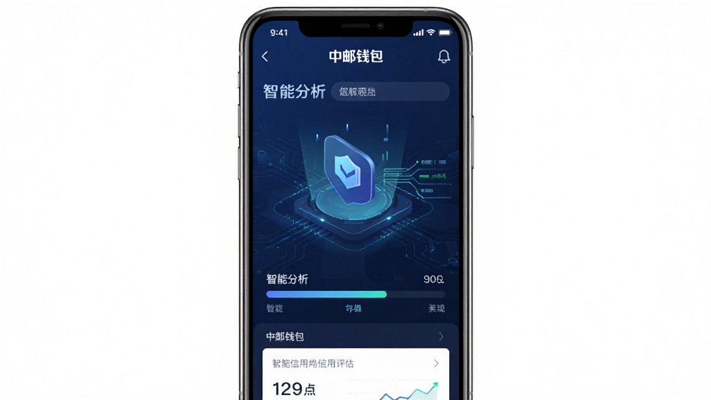 中邮钱包应用内信用评估界面截图,屏幕上显示正在进行的智能分析动画,进度条与数据流线条,背景为深蓝色科技感风格,主体为手机模型,布局清晰,排版整齐,风格商务,细节丰富,画质高清,干净无多余元素