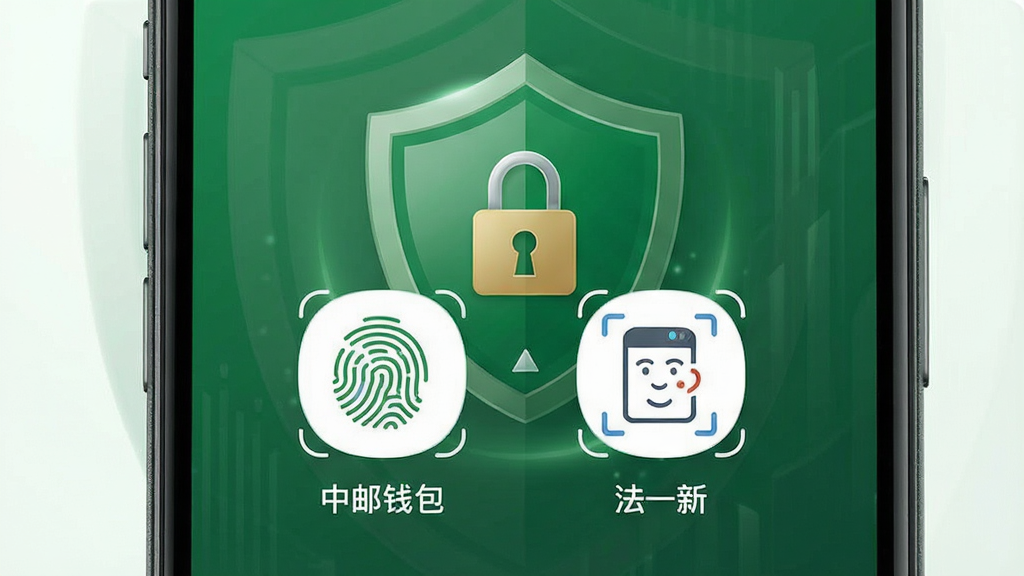 中邮钱包应用安全验证界面,手机屏幕展示指纹与人脸识别图标,背景为绿色盾牌与锁形符号,主体突出安全概念,布局稳重,风格严谨,细节精致,画质高清,干净无多余元素