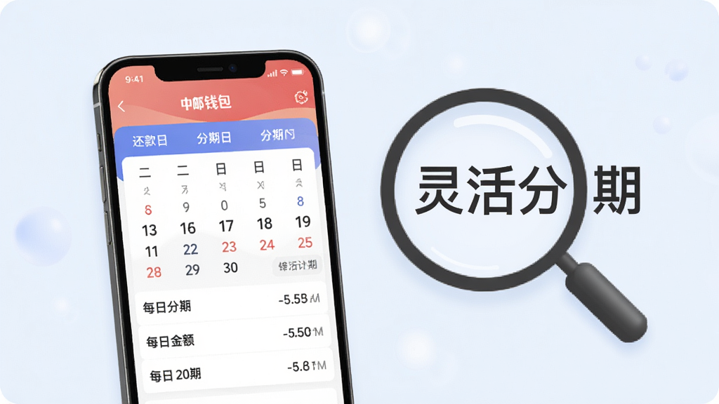 中邮钱包应用内的分期还款计划页面,手机屏幕显示还款日历与每期金额列表,背景柔和,主体为手机与放大镜图标,突出“灵活分期”字样,布局直观,排版整洁,风格简洁,细节到位,画质清晰,干净无多余元素