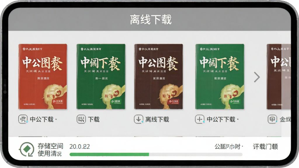 中公图书APP下载管理页面展示,屏幕上列出已下载的教材封面缩略图,顶部有