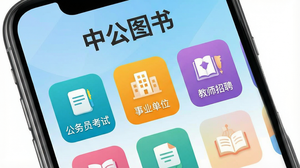 一张智能手机屏幕展示中公图书APP主界面,界面顶部显示