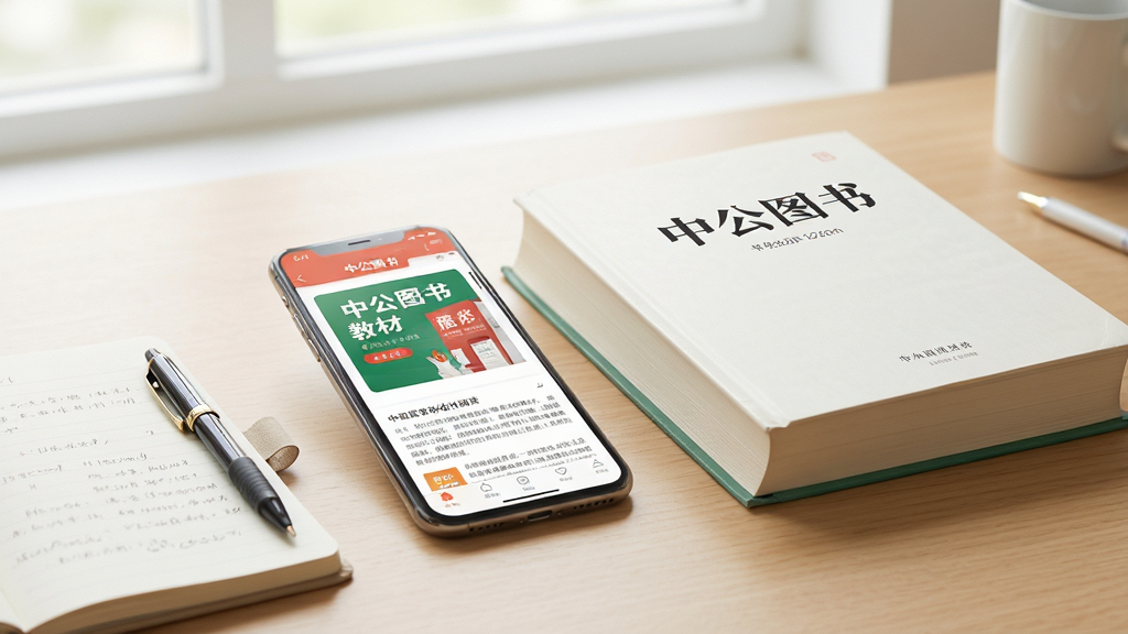 中公图书APP使用场景图,一部手机和一本书并排放在书桌上,手机屏幕显示中公图书的教材阅读页面,周围有笔和笔记本,整体环境明亮整洁,风格写实,画质清晰,无多余元素