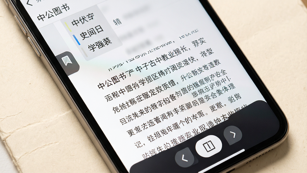 中公图书APP内电子教材阅读页面特写,屏幕显示教材目录和正文排版,左侧有书签图标,底部有页面切换按钮,背景为暖白色纸张质感,界面干净清爽,画质细腻,无多余元素