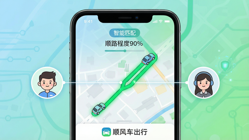 主体:手机地图界面显示两条路线在部分路段重合,用绿色高亮标出顺路匹配段。布局:手机界面居中,左右两侧分别代表乘客与车主的卡通头像,中间有连线连接。排版:界面简洁,信息分层清晰,上方显示“智能匹配”标签。风格:科技感与自然融合,浅蓝与绿色渐变背景。细节:地图上有小汽车图标沿路线行驶,界面文字“顺路程度90%”,并显示“顺风车出行”logo。画质:高清,画面干净明亮。