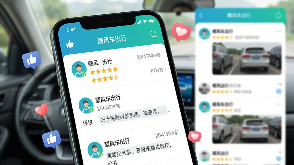 主体:手机屏幕展示用户评价页面,有五星好评和文字评论,背景是车友圈互动画面。布局:手机屏幕占据主视觉,周围环绕着点赞、爱心图标。排版:页面清爽,评价列表与车友圈动态分栏展示。风格:社交APP风格,色彩活泼但不刺眼,以蓝绿色为主。细节:头像、昵称、评价时间可见,出现“顺风车出行”品牌标识。画质:清晰,柔和光线,无杂乱背景。