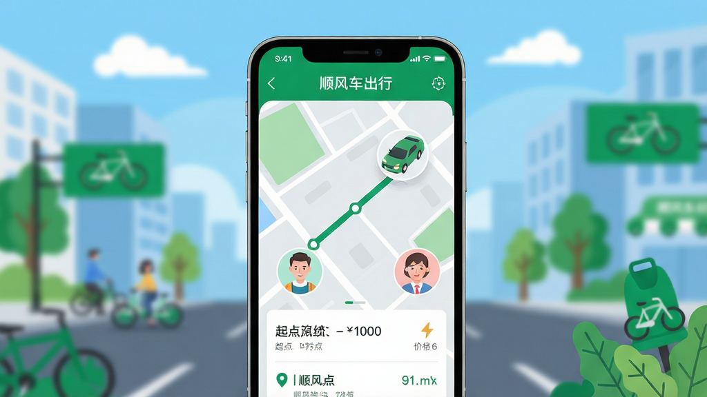 主体:手机屏幕展示“顺风车出行”APP界面,界面有地图路线与车辆图标,乘客与车主头像互动。布局:手机位于画面中央,背景为模糊的城市街道与绿色出行元素。排版:简洁现代,APP界面清晰展示起点终点与价格。风格:扁平化插画风格,色调清新明快。细节:界面显示“顺风车出行”字样,绿色主调,有蓝天白云与绿色植被点缀。画质:高清渲染,干净无多余元素。