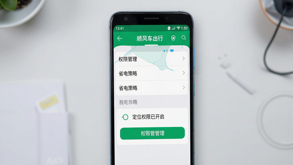 主体:一部安卓手机竖屏显示“顺风车出行”APP设置界面,包含权限管理选项。布局:手机居中,背景为浅灰色桌面。排版:设置选项清晰可见,有“权限管理”、“省电策略”等条目。风格:写实与插画结合,科技感强。细节:手机屏幕中可以看到“定位权限已开启”,下方有绿色按钮。画质:高分辨率,细节丰富,无多余元素。