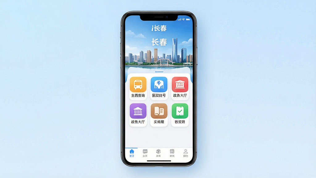 画面主体为一部智能手机屏幕占据视觉中心,屏幕内显示“i长春”App主界面,界面顶部有“长春”城市天际线背景图,中部排列整齐的彩色功能图标,如公交查询、医院挂号、政务大厅等,下方有底部导航栏。整体布局为手机居中、浅蓝色渐变背景,排版干净现代,风格写实且具有科技感,细节展示App界面流畅的圆角卡片设计,画质高清干净,无多余元素。
