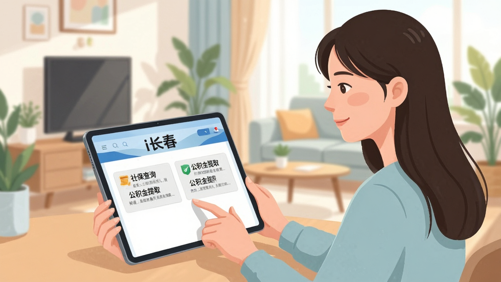 主体为一名年轻女性市民坐在家中书桌前,手持平板电脑,屏幕上显示“i长春”政务办事页面,包含“社保查询”、“公积金提取”等选项,背景为明亮的客厅。布局采用平视视角,人物与屏幕各占一半,排版简洁自然,风格为现代插画风,色彩柔和,细节体现操作手势,画质干净无多余元素。
