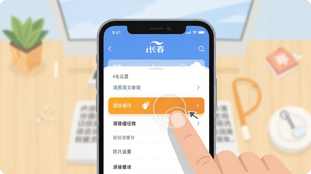 主体为一部手机显示“i长春”App的设置页面,页面中可见“清除缓存”选项被高亮,旁边有一根手指点击屏幕,背景为简洁的桌面。布局为手机居中特写,排版清晰,风格为扁平化插画,细节突出操作步骤,画质干净无多余元素。