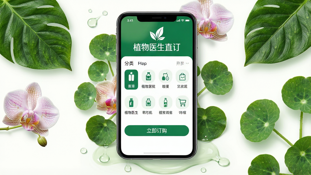 主体:植物医生直订APP的手机界面展示与植物护肤元素融合场景。布局:手机屏幕居中,周围环绕绿色植物叶片、兰花、积雪草等植物素材,底部有淡淡的草本精华液滴效果。排版:手机界面内清晰显示“植物医生直订”品牌名称、产品分类图标和“立即订购”按钮,界面简洁现代。风格:清新自然,突出植物护肤理念,色彩以翠绿和白色为主。细节:植物叶片纹理清晰,界面光影柔和,品牌Logo醒目,整体画面干净通透。画质:8K超高清,商业广告级质感,干净,无多余元素。
