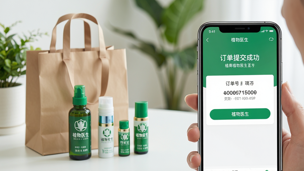 主体:用户正在使用手机上的植物医生直订APP进行下单操作。布局:画面右侧为手机特写,屏幕显示“订单提交成功”页面,左侧为购物袋及植物医生产品实物(绿瓶包装)。排版:手机与产品前后错落,背景为简约室内环境,绿植点缀。风格:生活化场景,真实感强,色调自然。细节:屏幕中订单号清晰可见,产品包装有“植物医生”标识,光线柔和。画质:高清实拍质感,干净,无多余元素。