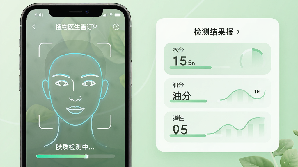 主体:植物医生直订APP的AI肤质检测功能预览。布局:左侧为手机界面,屏幕显示人脸扫描轮廓及“肤质检测中...”进度条,右侧为检测结果报告卡片(包含水分、油分、弹性数值)。排版:界面采用左右分栏,左侧屏幕占60%,右侧报告占40%,背景为淡绿色渐变。风格:科技感与自然感结合,线条圆润。细节:人脸轮廓线条清晰,报告图表简洁易懂,整体色调柔和。画质:4K高分辨率,干净,无多余元素。