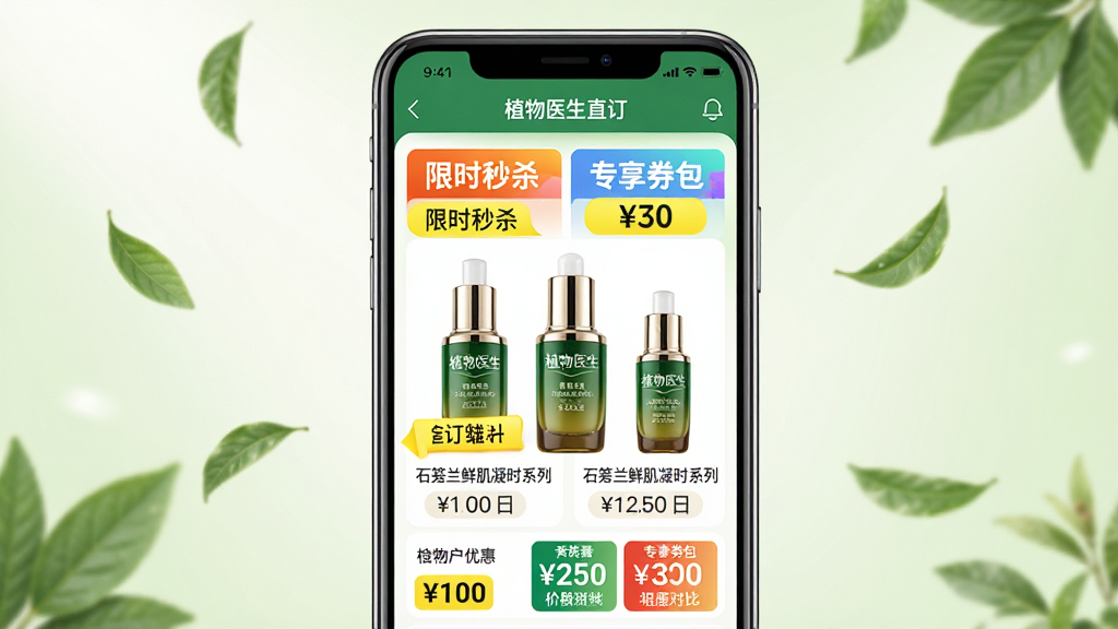 主体:植物医生直订APP的“直订优惠”页面模拟图。布局:画面中央展示手机端APP界面,界面中突出显示“限时秒杀”“专享券包”等彩色标签,下方排列多款植物医生明星产品(如石斛兰鲜肌凝时系列)及价格对比。排版:产品图片整齐排列,优惠信息用亮黄色标签突出,页面顶部有“植物医生直订”字样。风格:商业促销风格,色彩鲜明但保持自然绿色调。细节:产品瓶身光泽感强,价格数字清晰,背景有飘落的植物叶片特效。画质:高清渲染,干净,无多余元素。