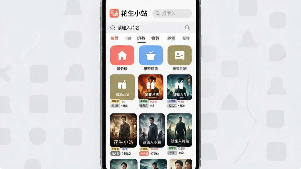 主体:手机应用界面截图预览图,上方显示“花生小站”Logo和搜索框,下方以瀑布流形式展示不同类型影片的海报封面。布局:界面布局清晰,顶部为搜索与导航栏,主体区域为九宫格分类图标和推荐内容列表。排版:信息层级分明,色彩块区分明显,视觉引导线自然流畅。风格:扁平化设计风格,图标圆润,背景采用浅灰色与白色搭配,简洁明快。细节:每个影片海报下方都清晰标注着清晰度标签和播放源数量,搜索框内有“请输入片名”的灰色提示文字。画质:高清UI界面图,细节丰富,干净无多余元素。