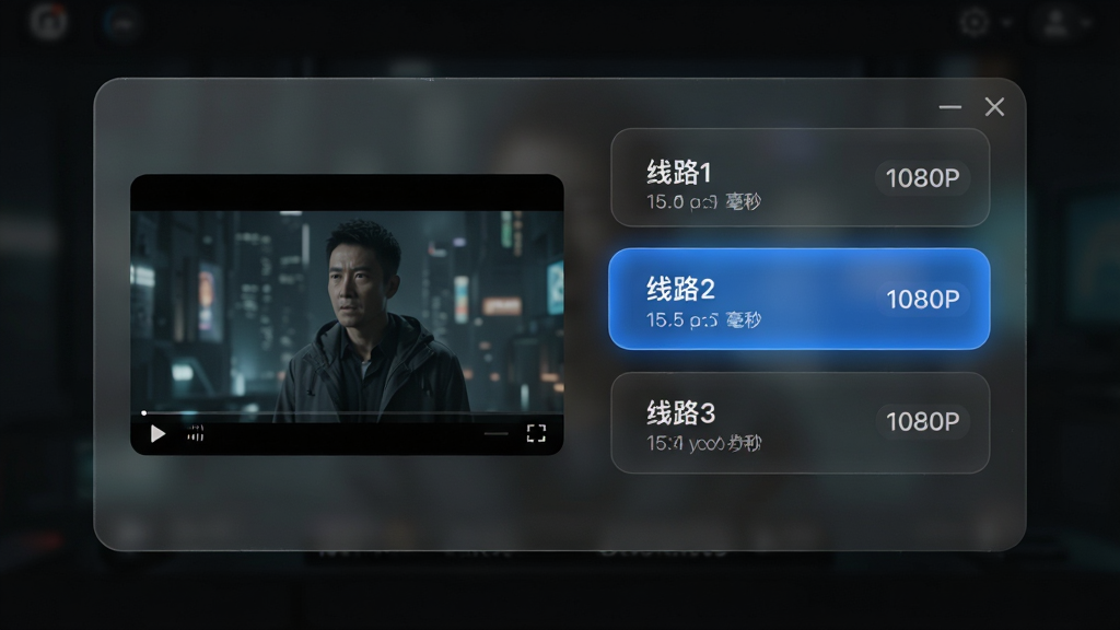 主体:一个播放器设置菜单的悬浮框,左侧是正在播放视频的画面缩略图,右侧清晰列出“线路1”、“线路2”、“线路3”等多个选项按钮。布局:悬浮框居中,背景为半透明的毛玻璃效果,焦点集中在右侧的线路选择列表上。排版:列表纵向排列,当前选中的线路高亮显示为蓝色。风格:深色模式UI,科技感强,按钮反馈动画流畅。细节:每个线路名称后附带有延迟毫秒数和清晰度标签,如“1080P”。画质:高分辨率界面图,细腻真实,干净无多余元素。