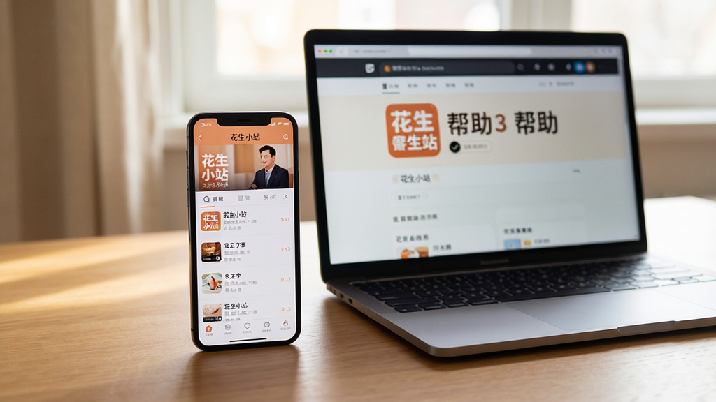 主体:一部智能手机与一台笔记本电脑并排放在桌面上,手机屏幕显示“花生小站”的播放列表,电脑屏幕则显示该应用的官网帮助页面。布局:平视视角,设备居中,桌面整洁。排版:自然光线下,画面锐利,对焦准确。风格:生活化场景,真实感强,色调温暖。细节:手机屏幕上有清晰的应用界面,电脑屏幕上的文字可以辨识。画质:高清照片质感,干净无多余元素。