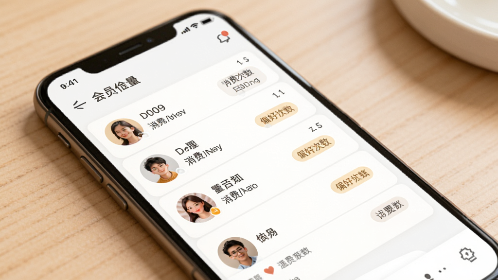 订单来了客户管理界面,主体为手机屏幕展示会员列表与标签分组,布局为列表式,排版清晰。风格温馨简约,细节包括头像、消费次数、偏好标记,画质干净。
