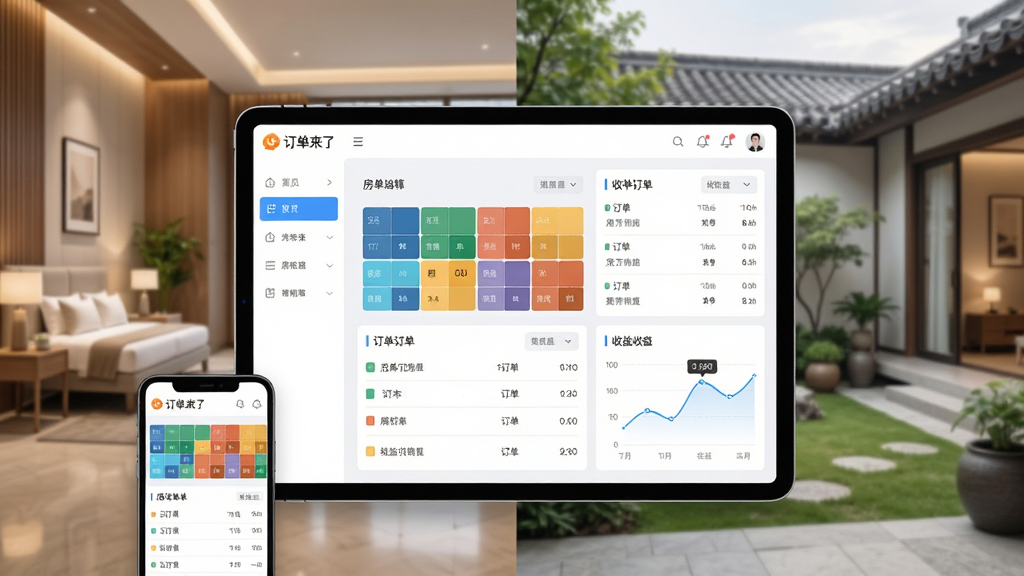 画面主体为“订单来了”软件的仪表盘界面展示在平板与手机屏幕上,周围环绕简洁的酒店大堂与民宿庭院背景,布局采用中心对称,平板居中,手机置于左下角,排版清晰体现多端同步。风格为现代科技感结合温馨民宿元素,细节包括屏幕上的房态色块、订单列表和收益曲线图,画质高清干净,无多余杂物。
