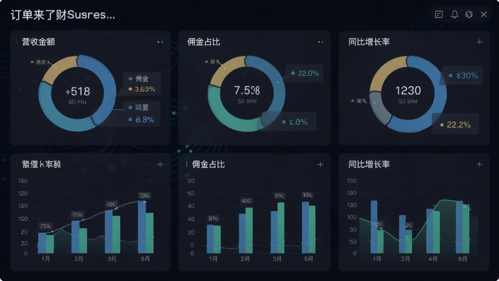 订单来了财务数据看板,主体为深色背景上的圆形图表与柱状图,布局扁平化,排版有层次。风格科技商务,细节展示营收金额、佣金占比、同比增长率,画质精细、干净。
