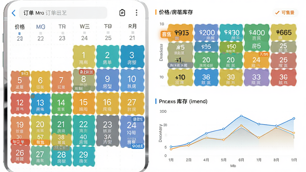 订单来了智能房价日历界面,主体为手机端彩色日历与房态色块,布局采用上下结构展示价格与库存曲线。风格清爽直观,细节包含数字价格、可售标签、房型名称,画质干净无多余元素。
