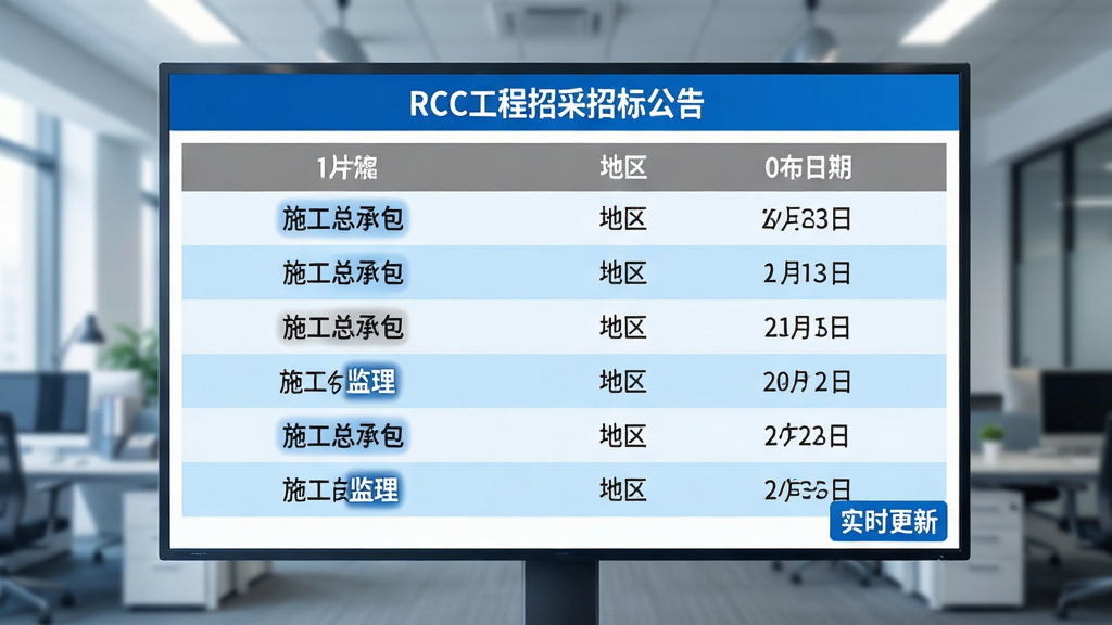 主体:一块大屏幕上展示RCC工程招采的招标公告列表,每行公告包含标题、地区、发布日期。布局:屏幕占据画面中央,四周有模糊的办公环境,屏幕亮度较高。排版:列表采用表格样式,表头为灰色,行间以浅蓝色分隔。风格:科技感、商务风,以蓝色与白色为主。细节:公告标题中“施工总承包”“监理”等词高亮显示,右下角有“实时更新”标识。画质:清晰,干净,无多余元素。