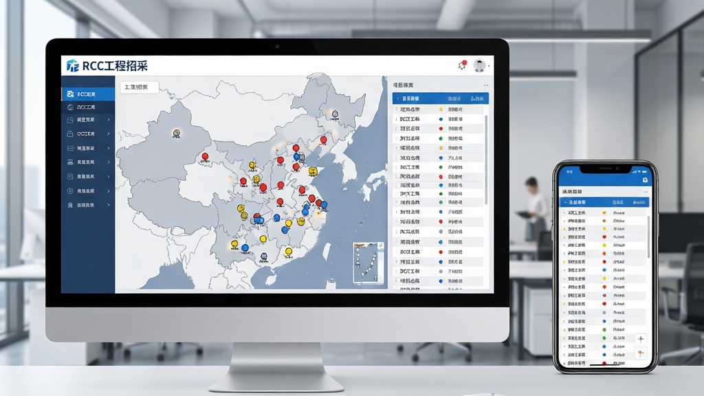 主体:电脑与手机同步显示RCC工程招采后台数据更新界面,屏幕上地图分布着项目坐标点,旁边有数据滚动列表。布局:左侧电脑屏幕大尺寸展示,右侧手机屏幕较小,形成对比,背景为现代办公区。排版:地图点状分布密集,列表行清晰展示项目名称和地区。风格:扁平化与写实结合,主色调为蓝白灰。细节:电脑屏幕左上角有“RCC工程招采”标识,地图上有红黄蓝三色标记点。画质:高分辨率,干净,无多余元素。