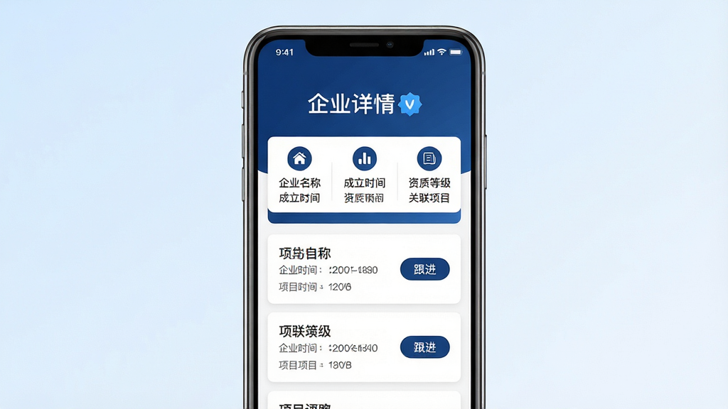 主体:手机界面展示企业详情页,包含企业名称、成立时间、资质等级和关联项目列表。布局:手机竖屏居中,上下滑动展示内容,背景为淡蓝色渐变。排版:企业名称居中置顶,下方为图标式信息栏,再往下为项目卡片列表。风格:扁平化设计,色彩以深蓝和白色为主。细节:企业名称旁有蓝V认证标识,项目卡片上有“跟进”按钮。画质:高清,干净,无多余元素。