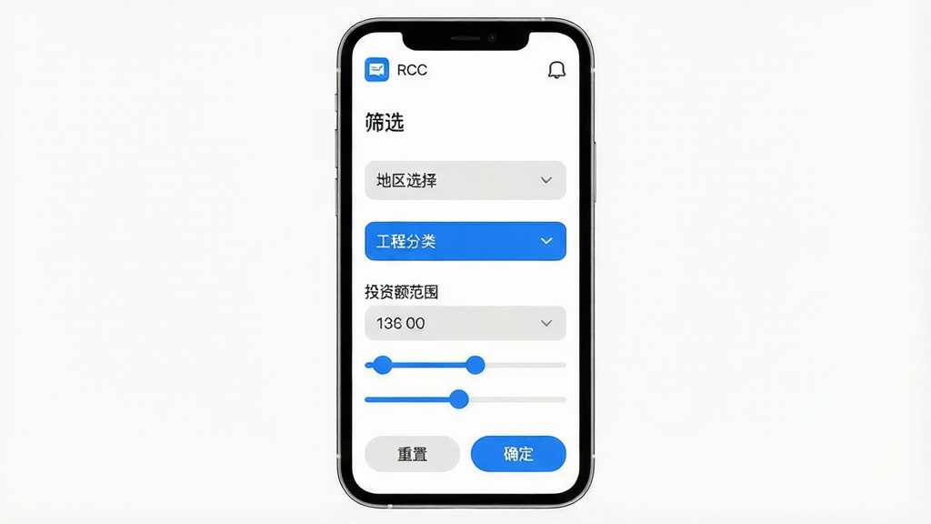 主体:手机屏幕展示RCC工程招采的筛选界面,多个下拉菜单和滑块选项。布局:手机全屏展示,背景为纯白色,界面元素居中排列。排版:顶部为“筛选”标题,下方依次是地区选择、工程分类、投资额范围,底部有“重置”和“确定”按钮。风格:清爽简洁的UI风格,圆角卡片设计,主色调为蓝色。细节:选中项以蓝色高亮,未选中为灰色,屏幕顶部有消息推送图标。画质:超清,干净,无多余元素。
