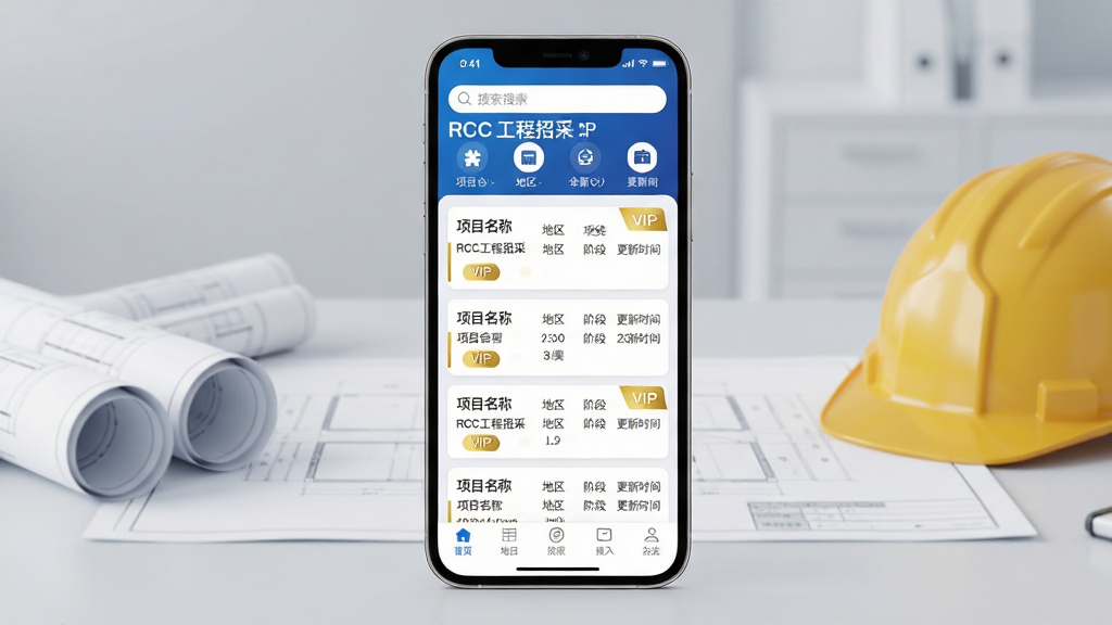 主体:一部智能手机屏幕显示RCC工程招采APP主界面,界面顶部有搜索栏和项目分类图标。布局:手机居中,屏幕内容清晰可见,背景为浅灰色办公室环境,桌面有图纸和安全帽。排版:界面列表展示项目名称、地区、阶段和更新时间,信息卡片式排列。风格:写实风格,偏商务科技感,色彩以蓝色和白色为主。细节:屏幕中显示“RCC工程招采”字样,项目卡片上有“VIP”金色标签,界面下方有导航栏。画质:4K超清,干净,无多余元素。