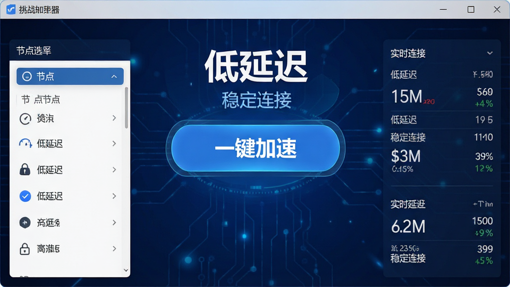 一张展示挑战韩网络加速器软件主界面的截图,界面深蓝色科技感背景,中央显示“一键加速”大按钮,周围有节点选择列表和实时延迟数据,画面清晰明亮,风格简约专业,突出“低延迟”和“稳定连接”字样,画质干净无多余元素