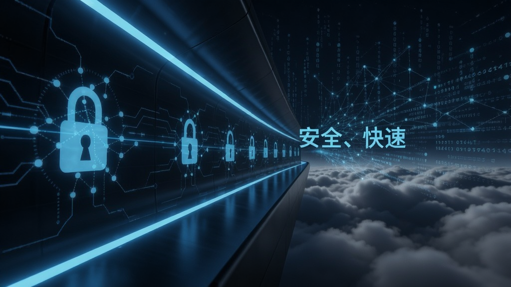 一条发光的隧道穿越云层,隧道壁上有数据锁图标,背景是网络数据流,画面充满科技感,暗色调为主,蓝色光线点缀,清晰展现“安全、快速”的主题,画质细腻干净