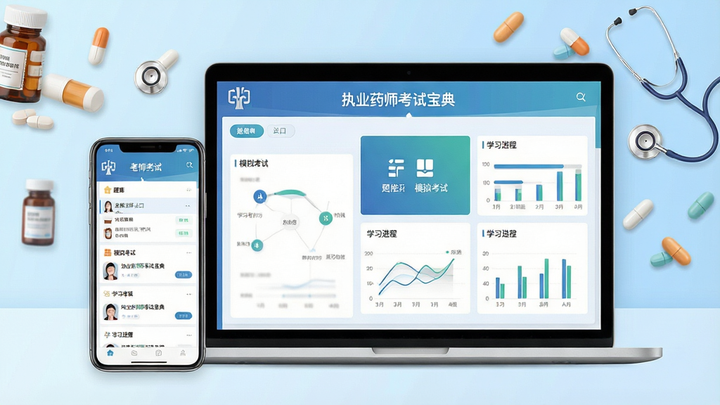 一张展示“执业药师考试宝典”软件全貌的预览图,画面主体为一部智能手机与一台笔记本电脑并排摆放,屏幕中清晰显示软件主界面,包含题库列表、模拟考试入口、学习进度图表等模块,背景为淡蓝色渐变,配以药品、听诊器、药丸等医学元素点缀,整体风格简洁明亮,干净无多余元素,画质高清