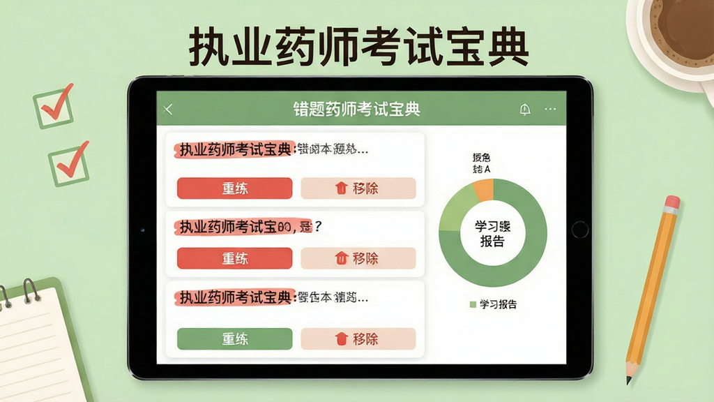 一张展示“执业药师考试宝典”错题本功能的预览图,画面主体为平板电脑屏幕中显示错题列表,每道错题用红色标记,下方有“重练”与“移除”按钮,旁边是圆形学习报告图表,背景为浅绿色,配以勾选框与铅笔等文具元素,风格温馨简洁,干净无多余元素,画质高清