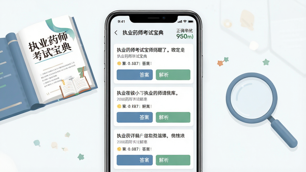 一张展示“执业药师考试宝典”题库功能的界面截图预览,画面中手机屏幕显示练习题列表,每道题下方有答案与解析按钮,右上角显示正确率统计,背景为浅白色,配以教材与放大镜的插画,风格清新干净,文字清晰可见,画质高清