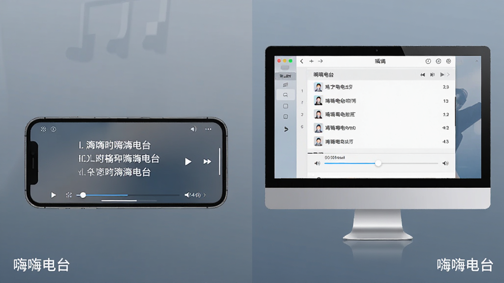 主体为嗨嗨电台在手机与电脑上的同步播放场景,手机横屏显示歌词,电脑显示播放列表,布局为左右拼接,背景为渐变灰蓝色,风格商务简洁,细节包含播放进度条与音量滑块,画质干净,无多余元素,图片角落标注“嗨嗨电台”字样