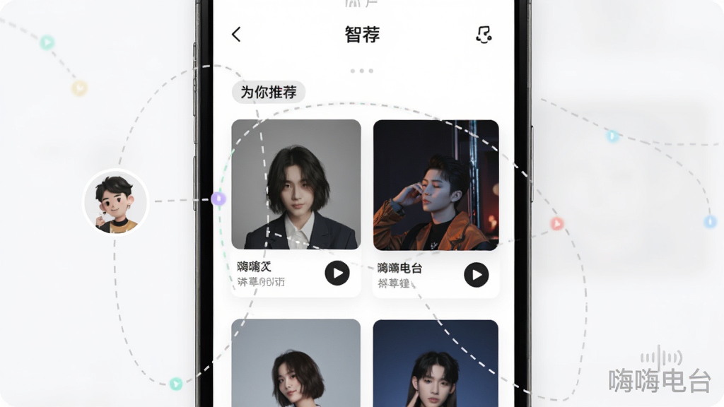 主体为嗨嗨电台智能推荐页面,虚线连接用户头像与多个音乐卡片,象征个性化匹配,布局采用瀑布流式排版,风格简约现代,细节包含“为你推荐”标签与播放按钮,画质清爽,无多余元素,画面角落有“嗨嗨电台”水印