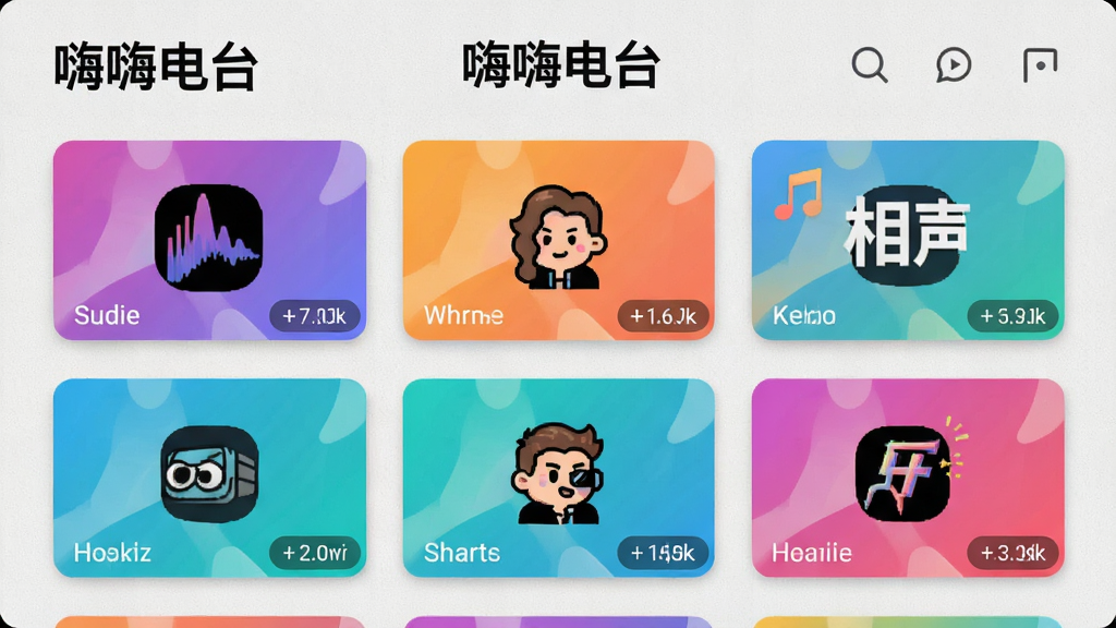 图片主体为嗨嗨电台频道分类界面,展示电音、流行、相声等彩色卡片式入口,布局为网格排列,背景浅灰质感,风格清新明快,细节包含频道图标与收听人数标识,画质干净,无多余元素,界面顶部显示“嗨嗨电台”字样