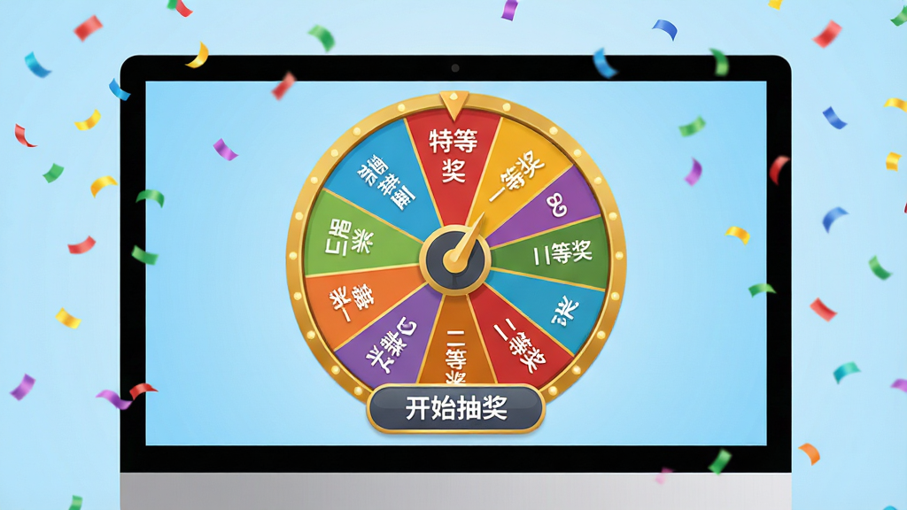���壺һ̨��������ת�̳齱�����ĵ�����Ļ����Ļ������ʾɫ�����޵�Բ�γ齱ת�̣�ת�̷�Ϊ�����ɫ������ÿ���������н�Ʒ�������֣��硰�صȽ�������һ�Ƚ����������Ƚ��������֣�������Ļ���У�ת��ռ����Ļ��Ҫ����ת���·����С���ʼ�齱����ť����Ļ����Ϊǳ��ɫ���䡣�Ű棺ת���������������ɶ�����ť��Ŀ�����������󷽡���񣺱�ƽ��UI��Ʒ��ɫ�����죬���пƼ�������շ�Χ��ϸ�ڣ�ת��������ָ�룬������Ե�н�ɫ�ָ��ߣ�������Χ��������ɫֽмƮ�䣬Ӫ��齱���ա����ʣ����壬�ɾ����޶���Ԫ�ء�