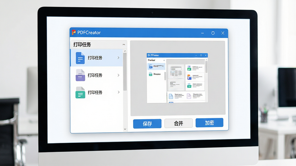 主体:一款名为“PDFCreator”的软件界面展示在电脑屏幕上,界面简洁明亮。布局:屏幕中央是软件主窗口,左侧列出“打印任务”列表,右侧显示预览缩略图,下方为“保存”、“合并”、“加密”等按钮。排版:界面采用清晰的左右分栏布局,图标与文字标签整齐排列。风格:现代扁平化设计风格,色彩以蓝白为主,视觉清爽。细节:主窗口标题栏显示“PDFCreator”字样,任务列表中有几个文档图标,整体氛围专业。画质:高清画质,干净,无多余元素。