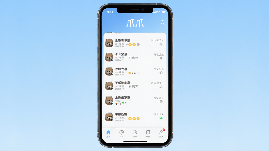 图片展示爪爪社交软件的主界面预览,采用清新简约的UI设计风格,手机屏幕中央显示聊天列表与底部导航栏,上方带有“爪爪”应用名称的标识,背景为柔和的渐变蓝色,排版整洁干净,画质清晰,无多余元素