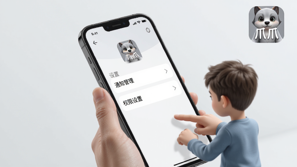 展示爪爪应用的使用教程场景,手机屏幕上显示设置页面,包括“通知管理”、“权限设置”选项,背景为简洁的浅灰色,旁边有一个小人在操作手机,画面写实清晰,包含“爪爪”应用图标,画质干净,无多余元素