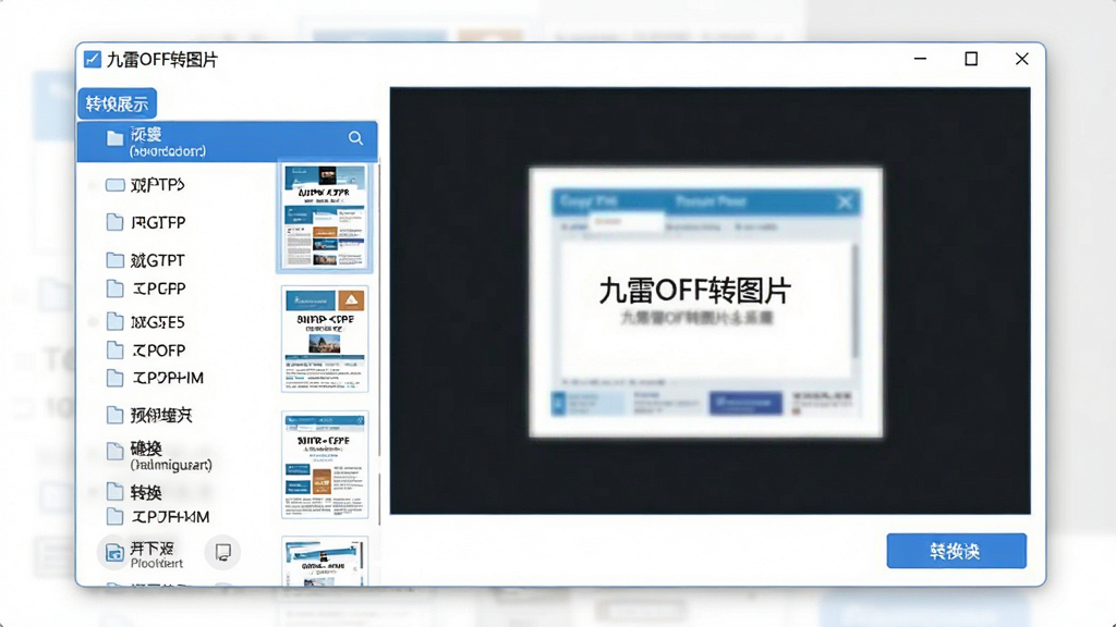 一张现代简约风格的软件展示界面截图,主体为“九雷OFD转图片”软件窗口,居中布局,左侧文件列表,右侧预览区,排版清爽,蓝白主色调,细节展示清晰缩略图与转换按钮,画质高清,干净无多余元素