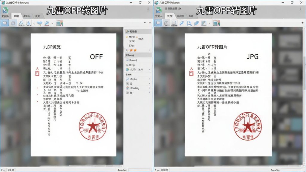 展示转换效果的对比图,主体为“九雷OFD转图片”软件操作界面,左侧OFD源文件与右侧JPG图片并排对比,布局清晰,风格写实,细节显示印章与文字完全一致,画质干净无多余元素