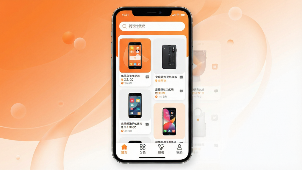 高佣精选手机应用界面展示,主色调为橙白渐变,中央展示商品瀑布流,顶部搜索栏醒目,底部导航栏包含首页、分类、赚佣、我的,整体风格明亮简洁,现代扁平化设计,UI元素高清渲染,干净无多余元素,画质清晰
