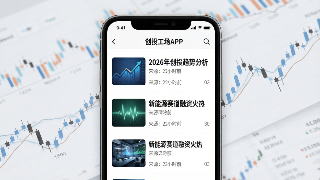 主体:创投工场APP资讯页面,屏幕显示新闻列表,配有小缩略图。布局:手机屏幕居中,背景为淡灰色,周围有金融图表元素。排版:新闻标题字体加粗,来源和发布时间清晰。风格:简洁新闻风。细节:标题如“2026年创投趋势分析”“新能源赛道融资火热”。画质:高清,干净。