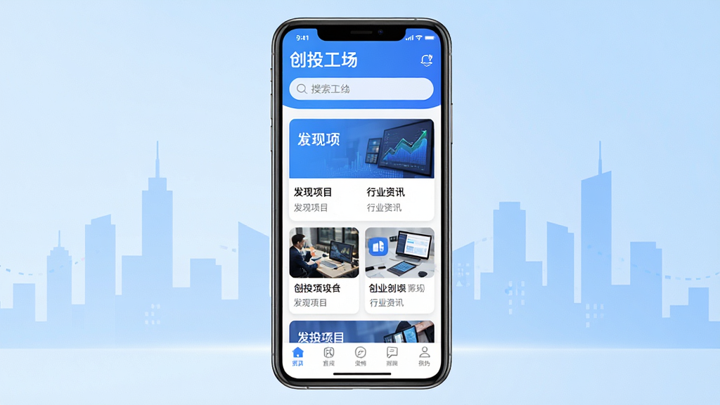 主体:创投工场APP界面展示,一部智能手机屏幕显示创投工场主页面,上方有搜索栏,中部展示多个创业项目卡片,底部有导航栏。布局:手机居中,背景为浅蓝色渐变,带有城市天际线剪影。排版:界面清晰,图标简洁。风格:现代商务风,色彩明亮。细节:屏幕内容需清晰可读,文字内容为“创投工场”“发现项目”“行业资讯”等。画质:高清渲染,干净无多余元素。