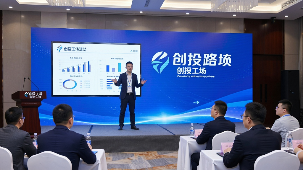 主体:创投工场举办的路演活动现场,舞台上创业者正在演示PPT,台下投资人认真聆听。布局:舞台居中,背景有“创投工场”Logo。排版:活动主题横幅清晰可见。风格:商务活动摄影。细节:人物表情专注,屏幕上有图表。画质:高清,光线明亮。