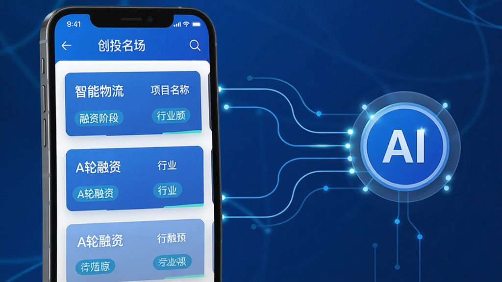 主体:创投工场APP智能匹配功能展示,手机屏幕显示推荐项目列表,每个项目卡片包含项目名称、融资阶段、行业标签。布局:手机位于左侧,右侧有数据连接线连接到一个圆形图标,内部有“AI”字样。排版:项目列表简洁。风格:科技感,蓝色为主调。细节:卡片上文字清晰可见,如“智能物流”“A轮融资”。画质:高清,干净无多余元素。